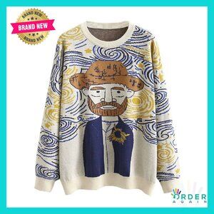 Van Gogh Cartoon Sweater Long Sleeve Crew Neck Pullover Knit Casual